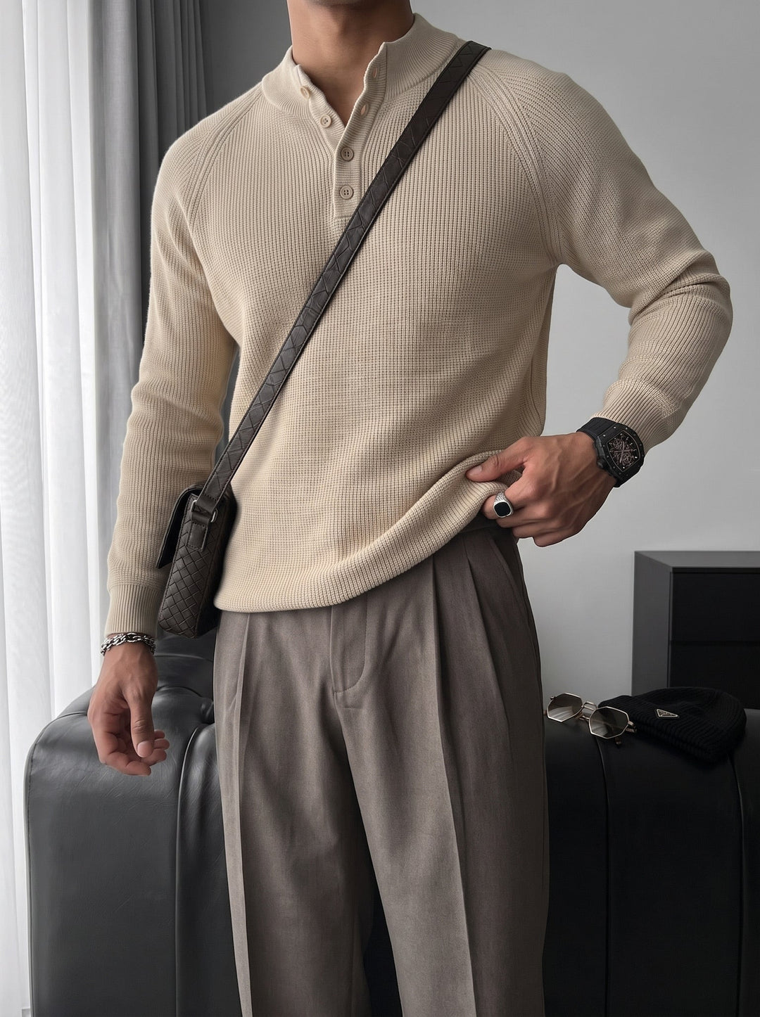 Slim Fit Stickad Tröja - Beige