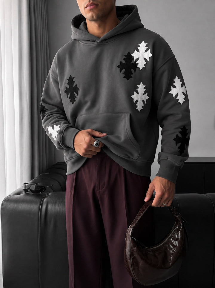 Oversize Gotisk Kors Hoodie - Antracit