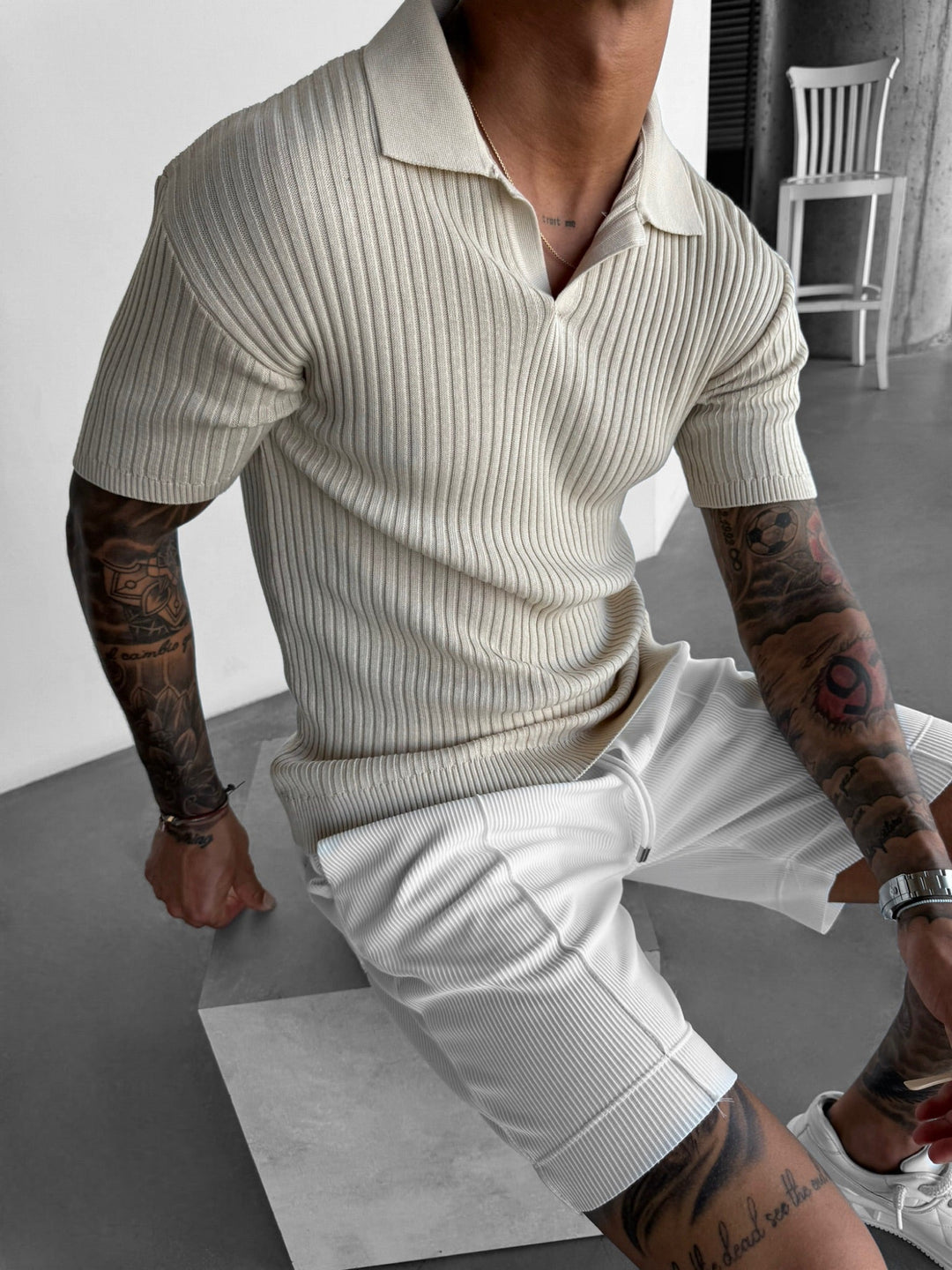 Slim Fit Stickad Polo T-Shirt - Beige