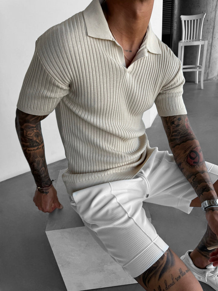 Slim Fit Stickad Polo T-Shirt - Beige