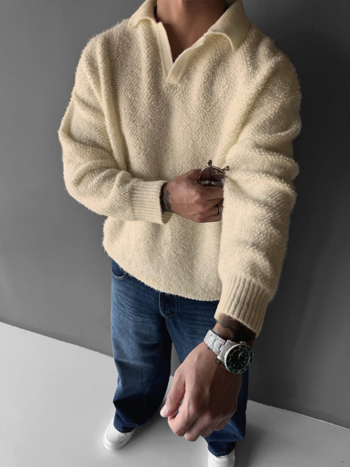 Knit Collar Borstad Tröja - Beige