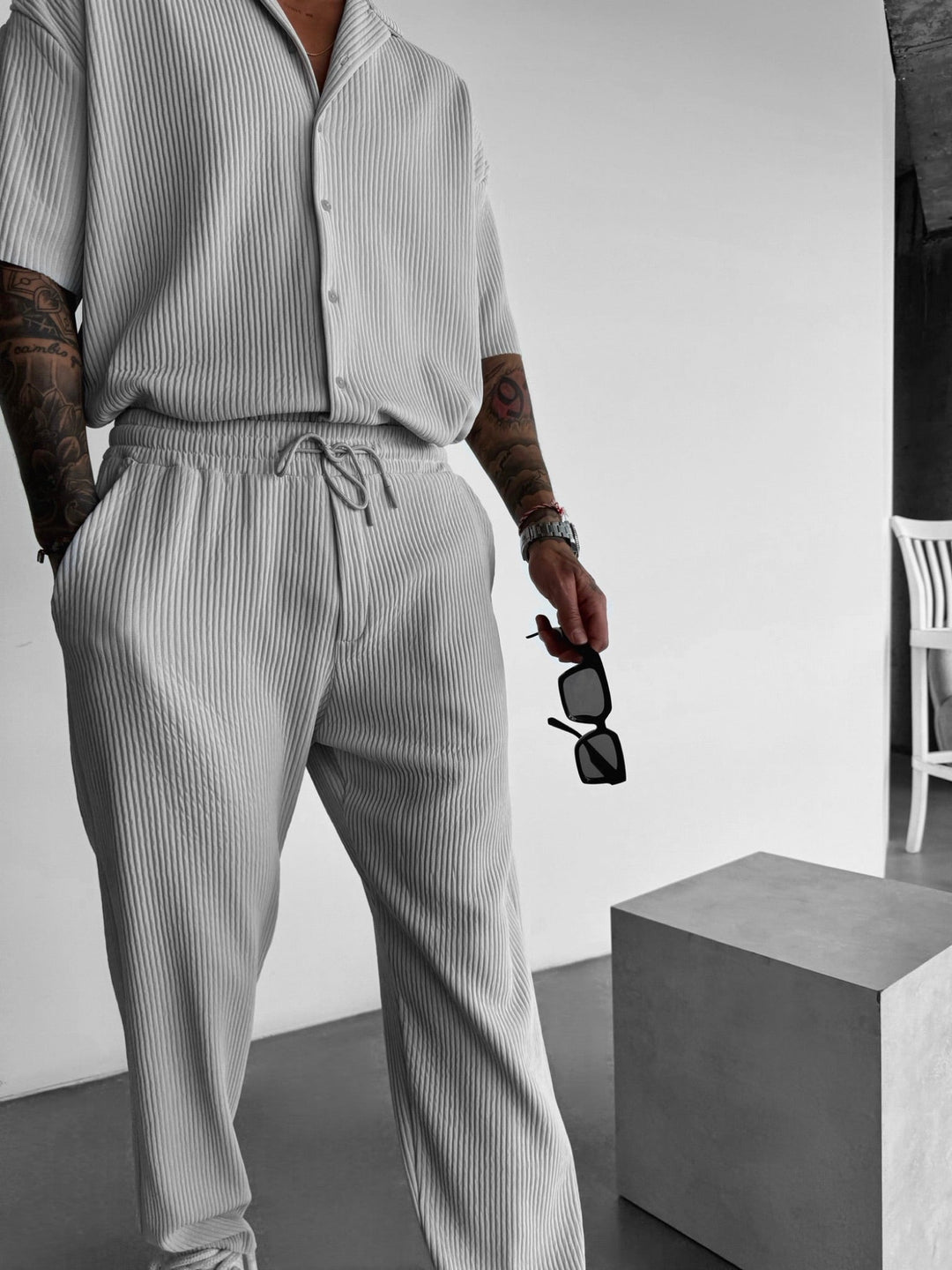Lösa Ribbad Byxor - Grå