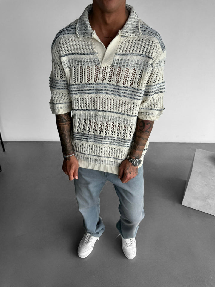 Oversize Stickad Polo T-Shirt - Blå