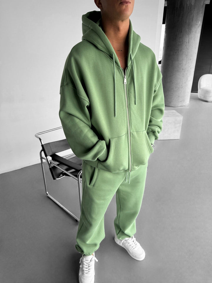 Oversize Basic Dragkedja Hoodie - Mossa