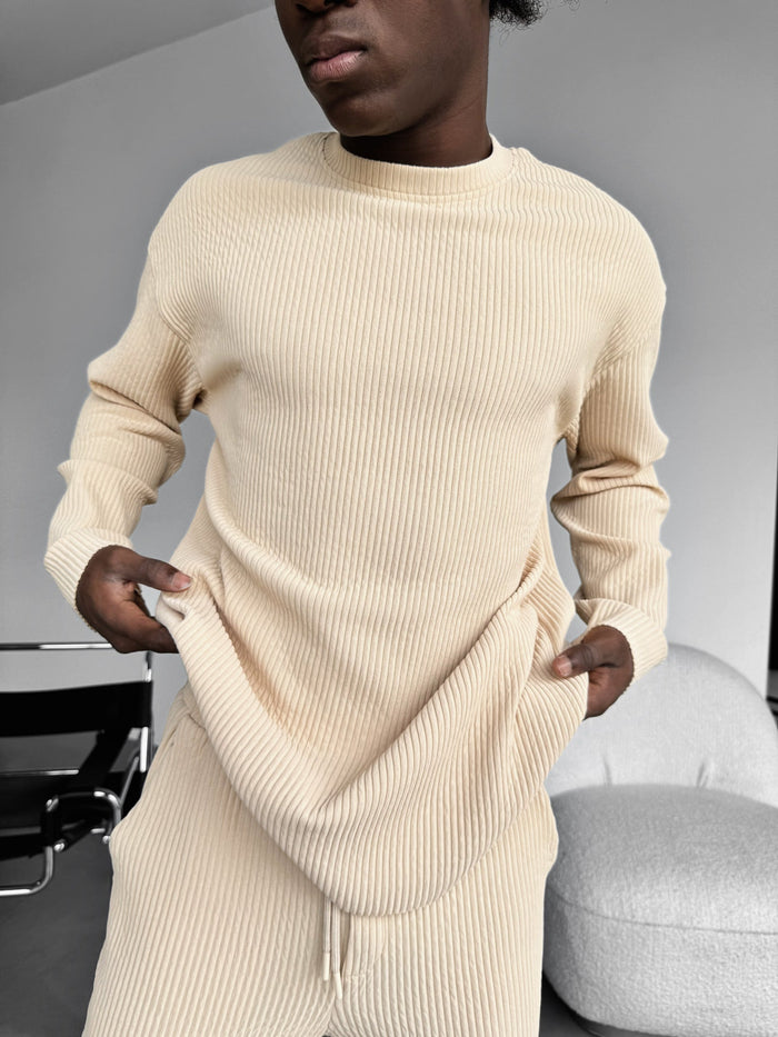 Oversize Ribbad Långärmad T-shirt - Mandel Buff