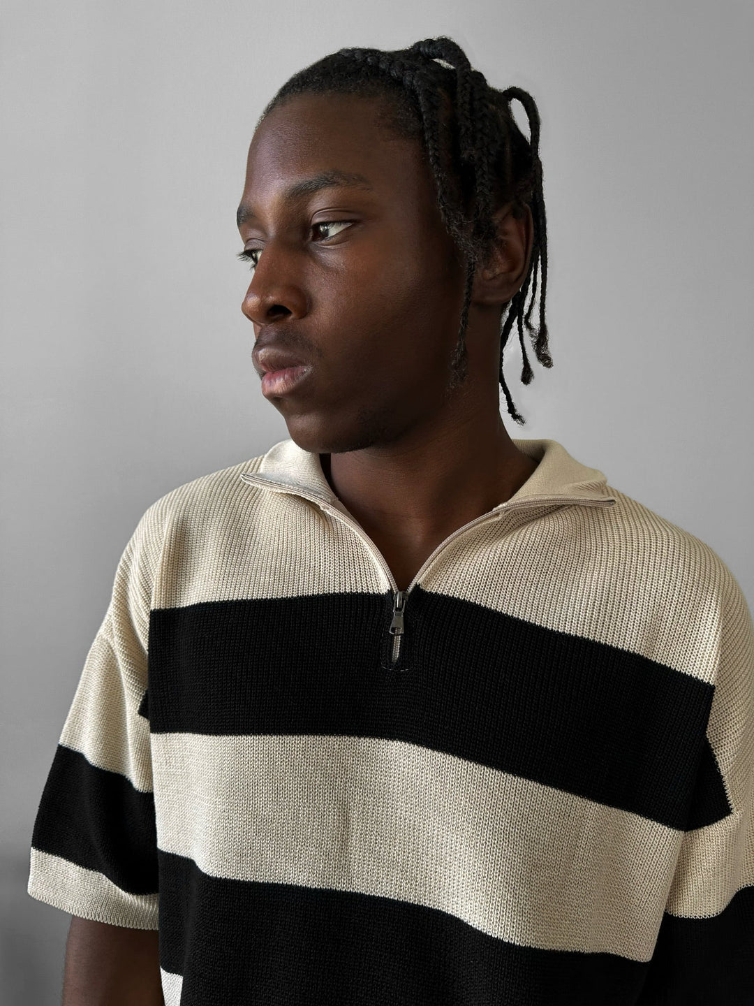 Regular Striped Knit T-shirt - Grädde