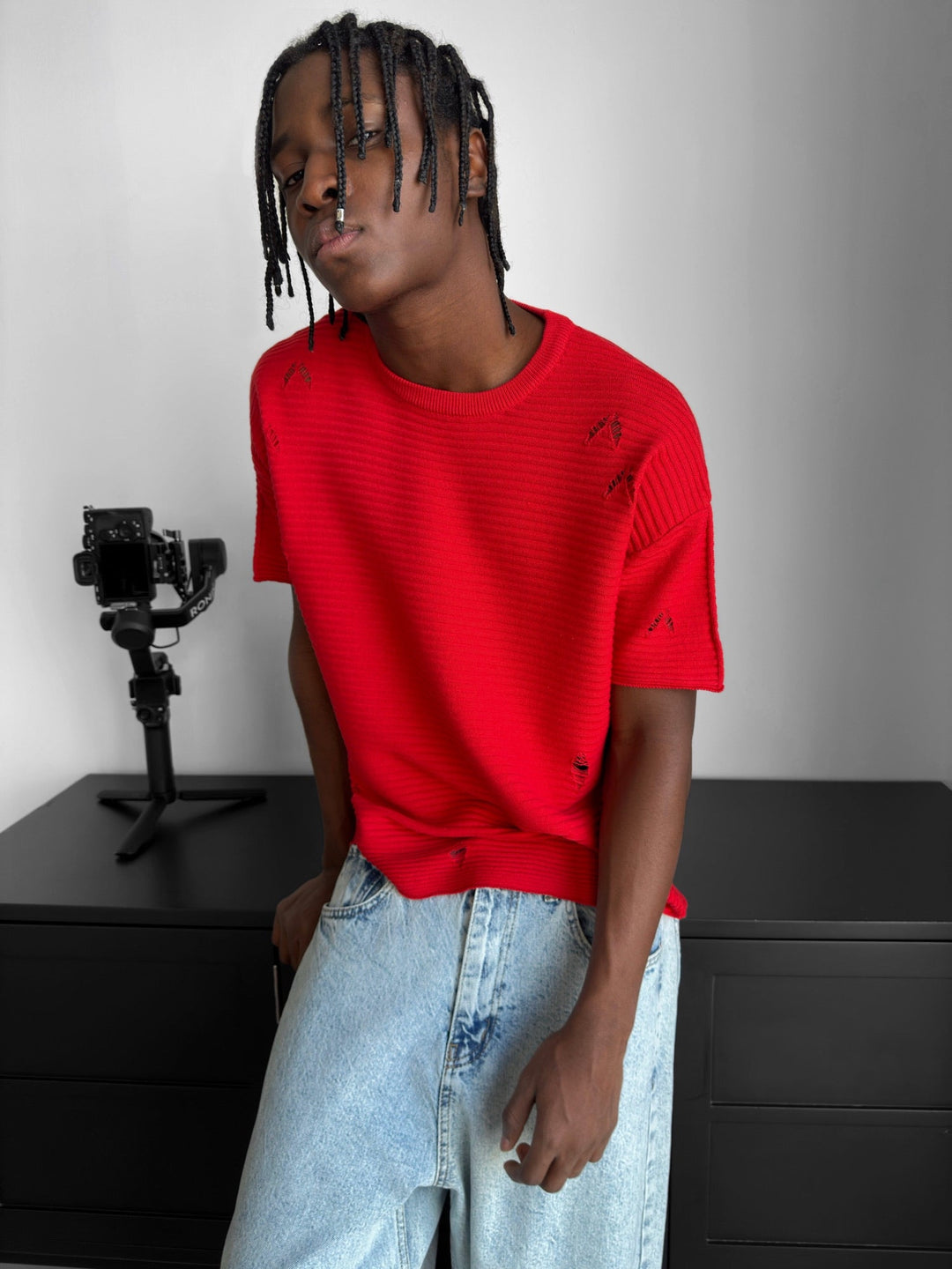 Lös Passform Torn Ribbad T-Shirt - Röd