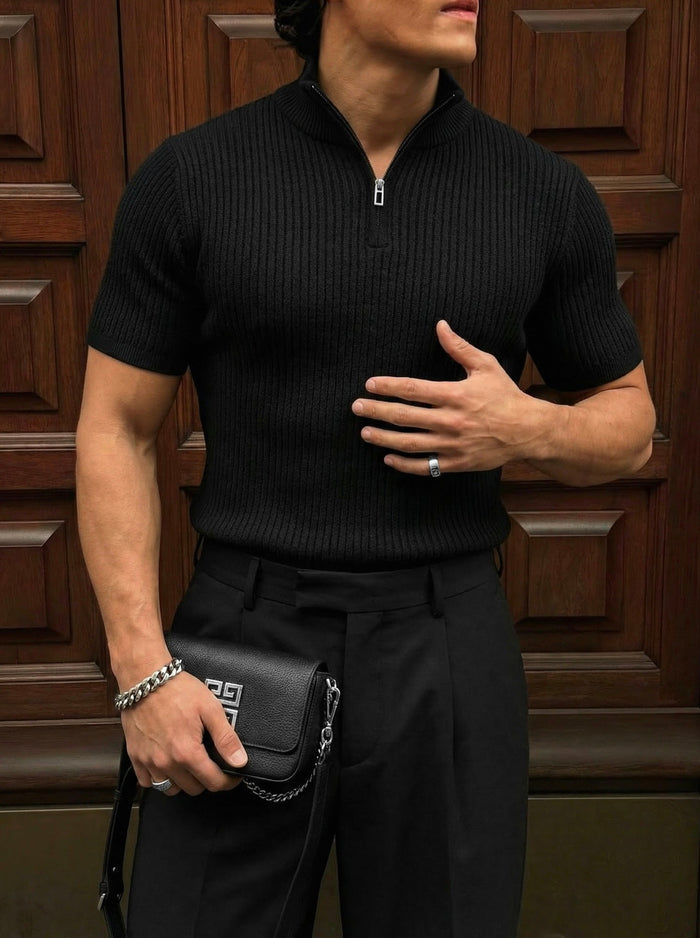 Slim Fit Mock Neck Zip T-shirt - Svart
