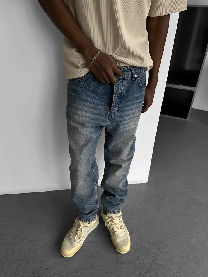 Baggy Fit Tvättade Jeans - Mörkblå