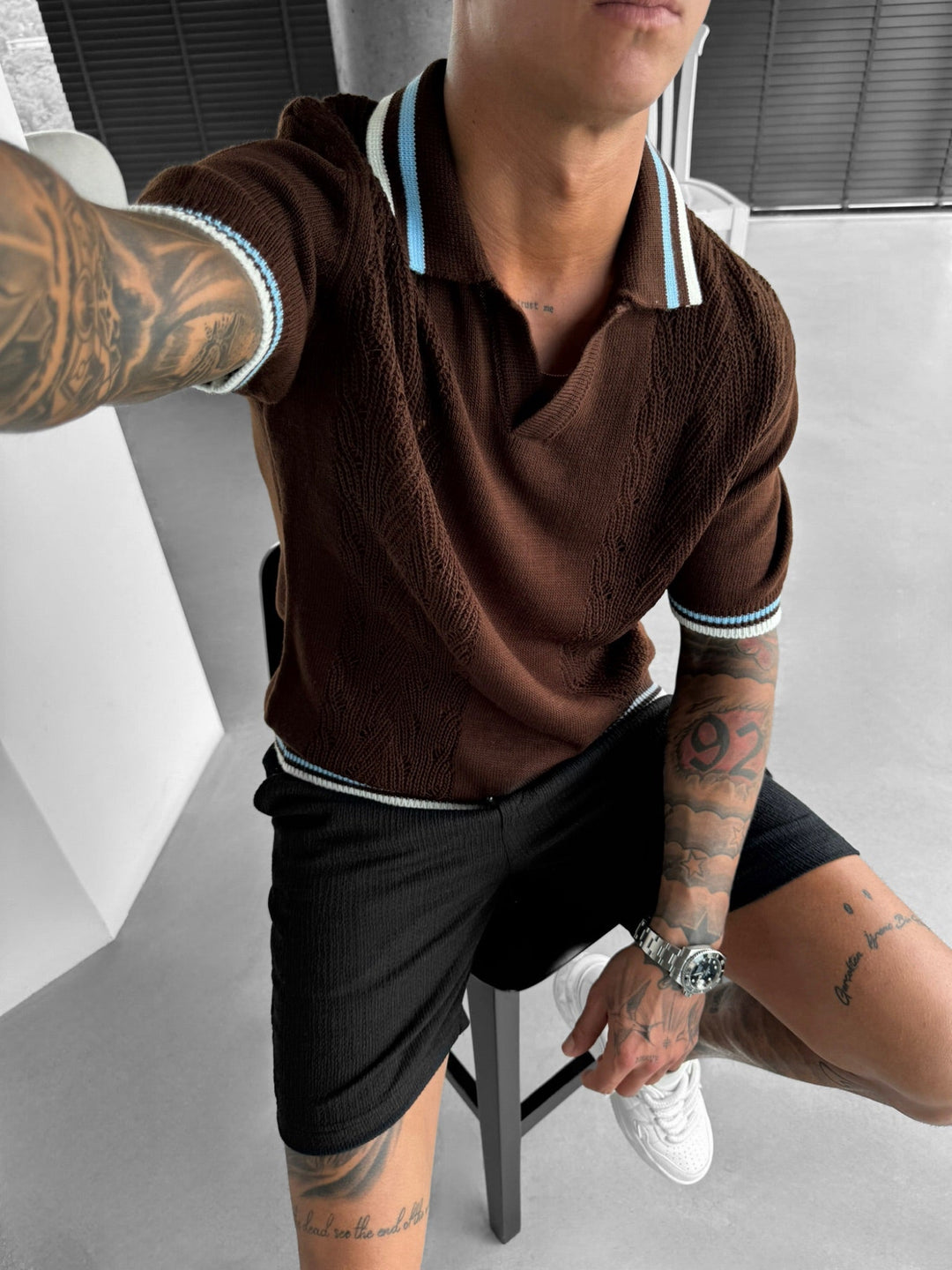 Slim Fit Detaljstickad Polo T-shirt - Brun