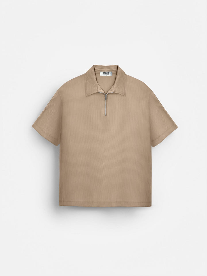 Oversize Textured Zipper Polo T-Shirt - Beige