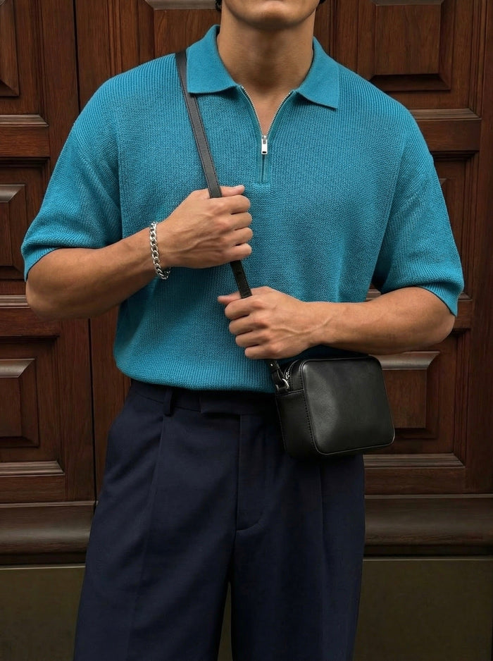 Överdimensionerad dragkedja stickad polo T-shirt - Blå