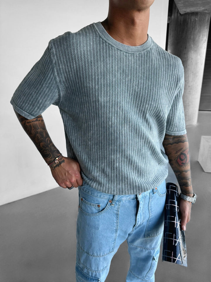Oversize Stickad Tvättad T-shirt - Grå