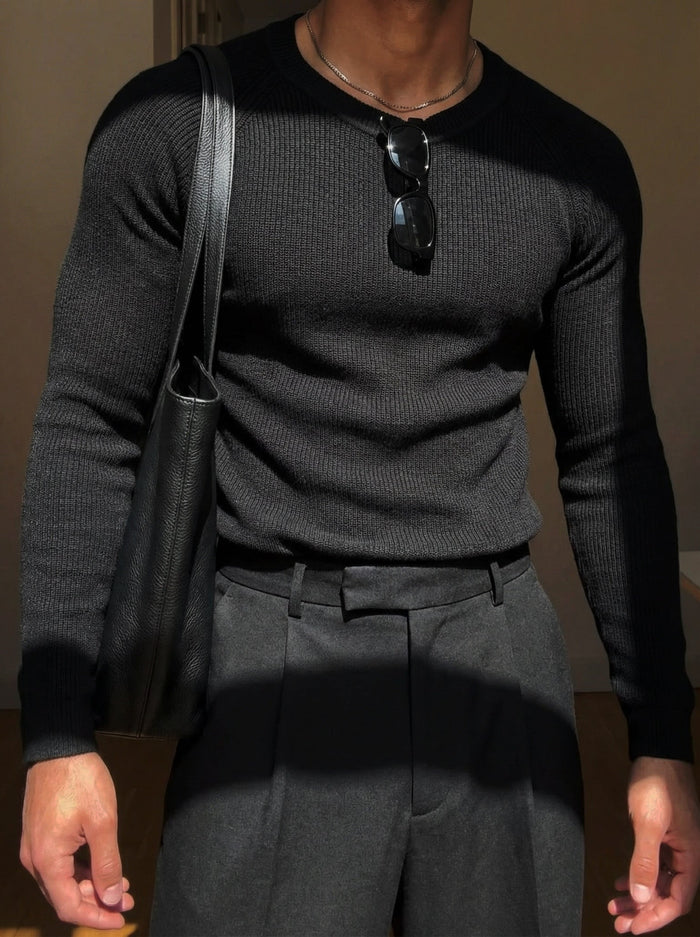 Slim Fit Tunn Stickad Tröja - Svart