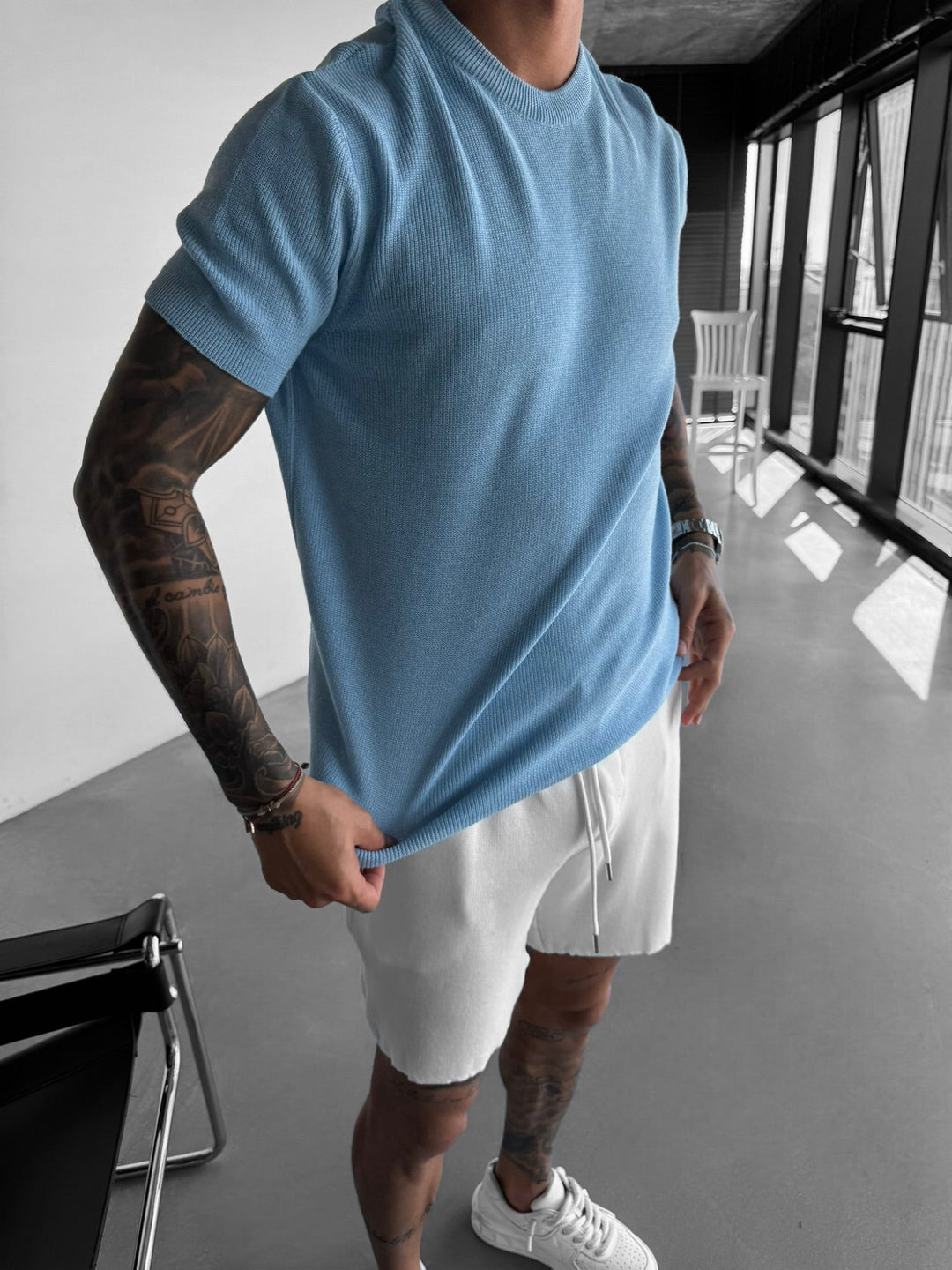 Oversize Stickad T-Shirt - Babyblå