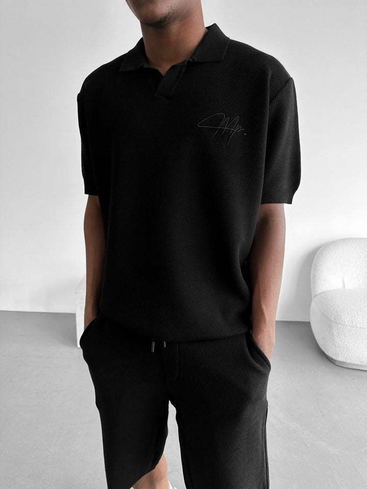 Oversize Initial Knit Polo T-Shirt - Svart