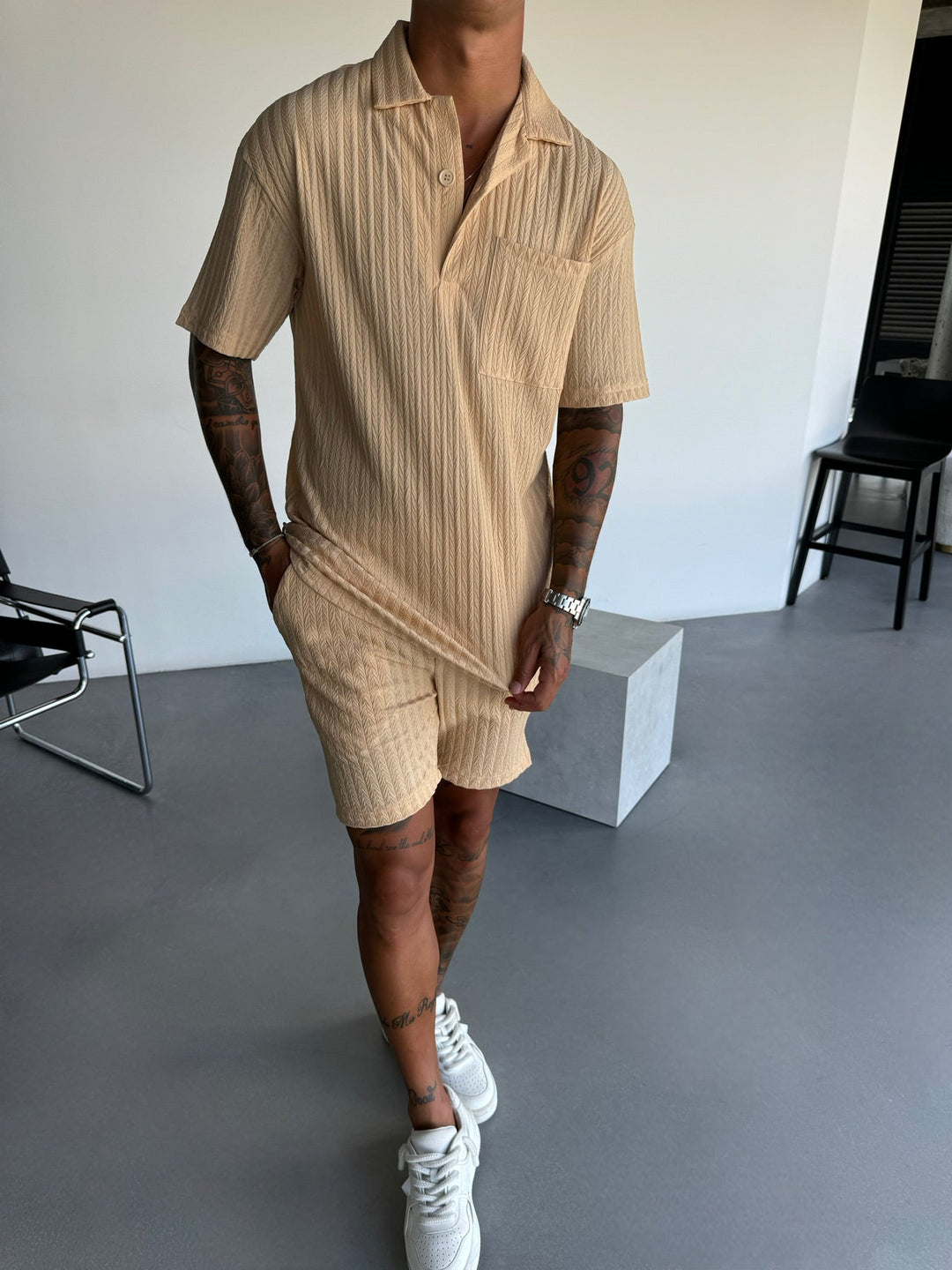 Överdimensionerad Strukturerad Polo T-Shirt - Almond Buff