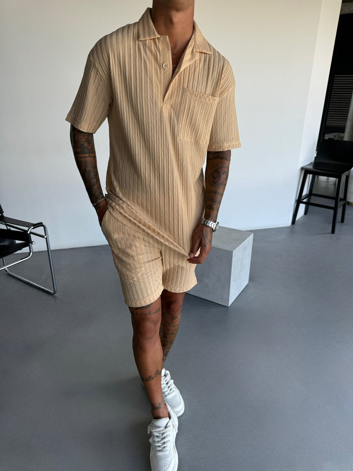Överdimensionerad Strukturerad Polo T-Shirt - Almond Buff