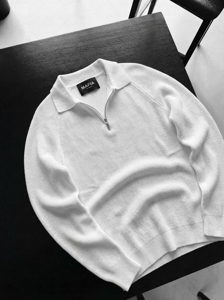 Slim Fit Knit Zipper Polo Sweater - Ecru
