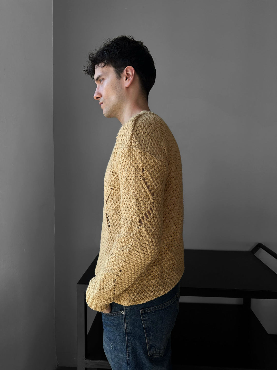 Regular Fit Textured Torn Sweater - Saffran