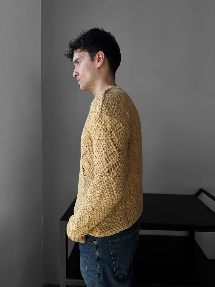 Regular Fit Textured Torn Sweater - Saffran