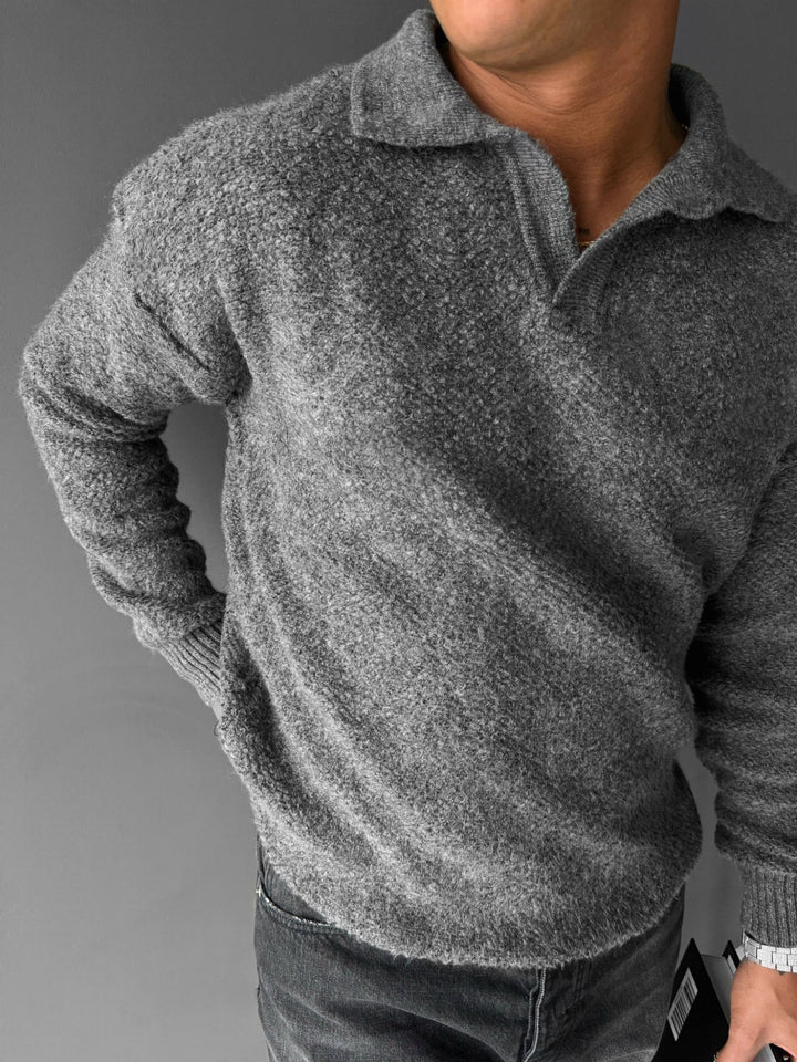 Stickad Krage Borstad Tröja - Antracit