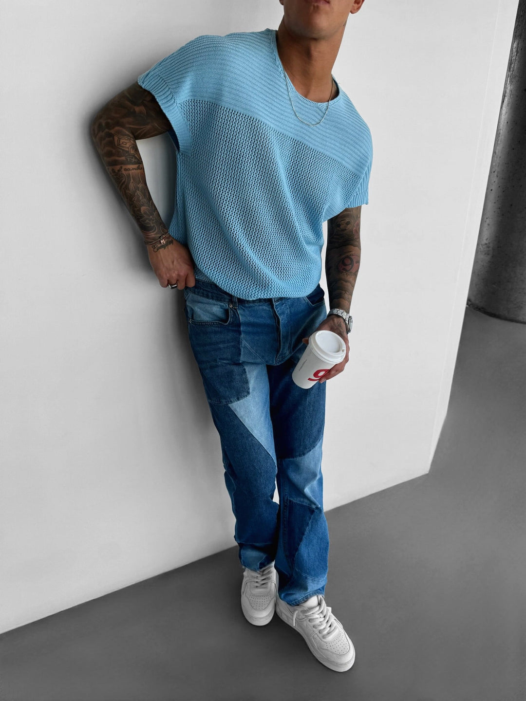 Oversize Texturerad Stickad T-shirt - Babyblå