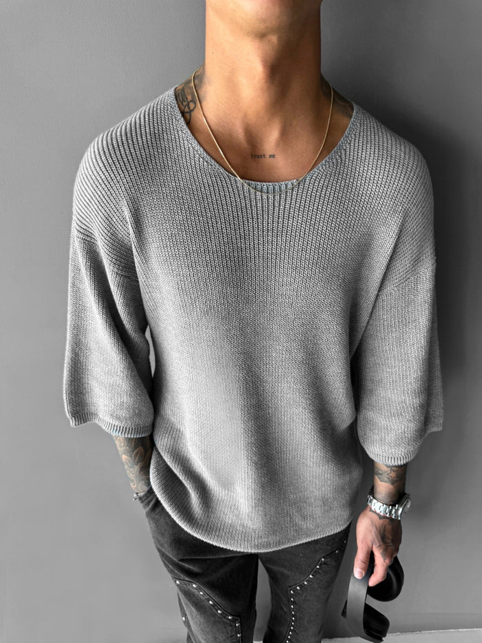 Oversize Lång Stickad T-shirt - Grå