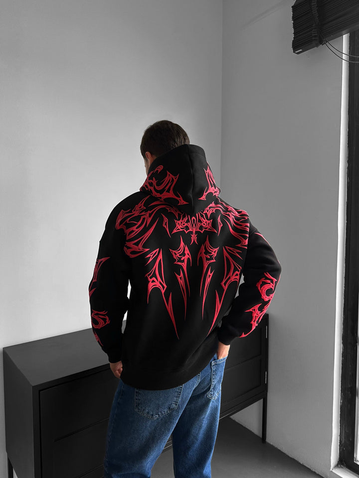 Oversize Mafia Tribal Hoodie - Svart och Röd