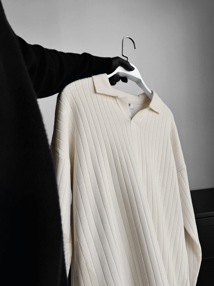 Oversized Vid Ribbade Långärmad Stickad Polo Sweatshirt - Ecru