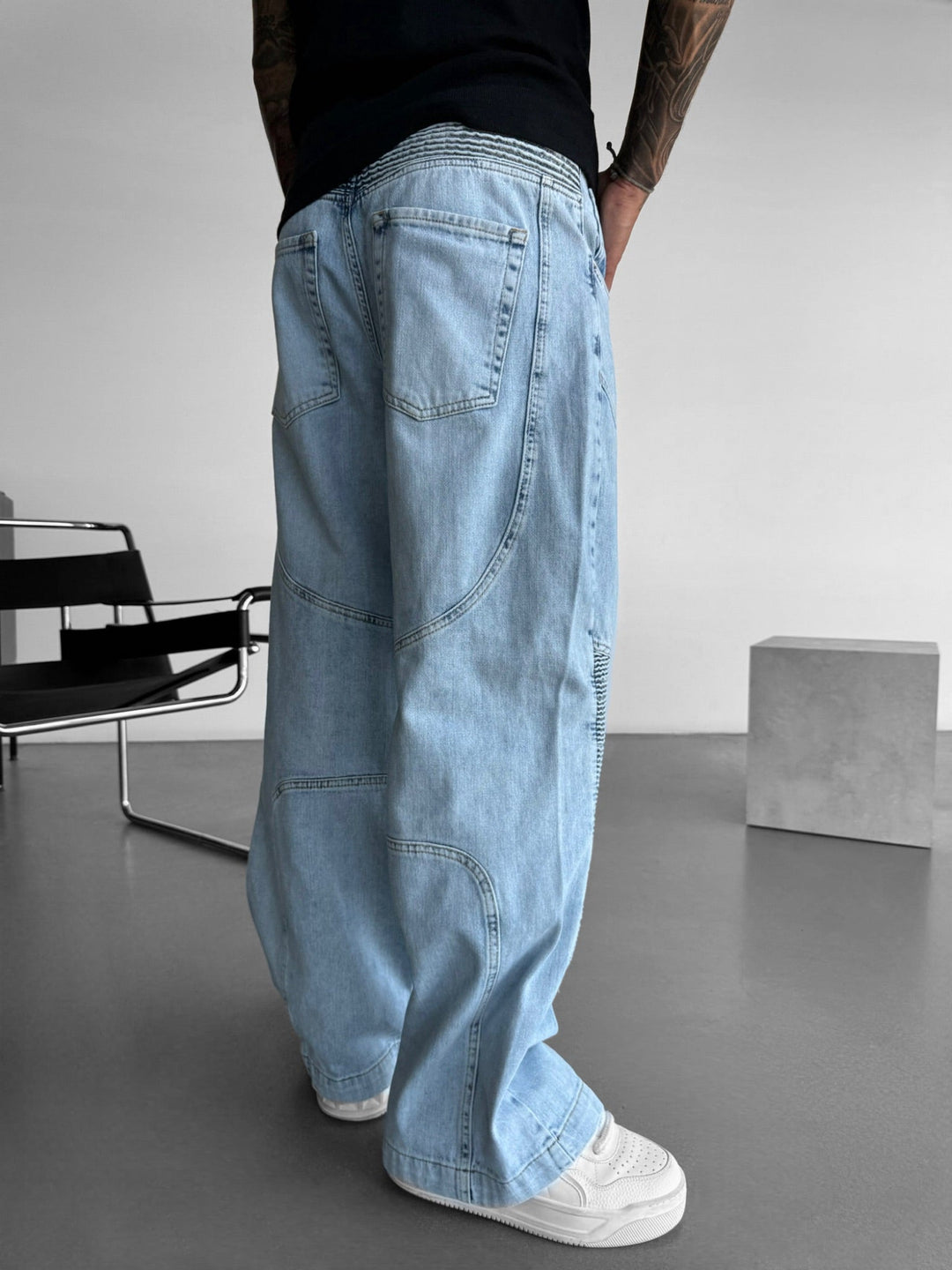 Baggy sömdetalj jeans - Blå