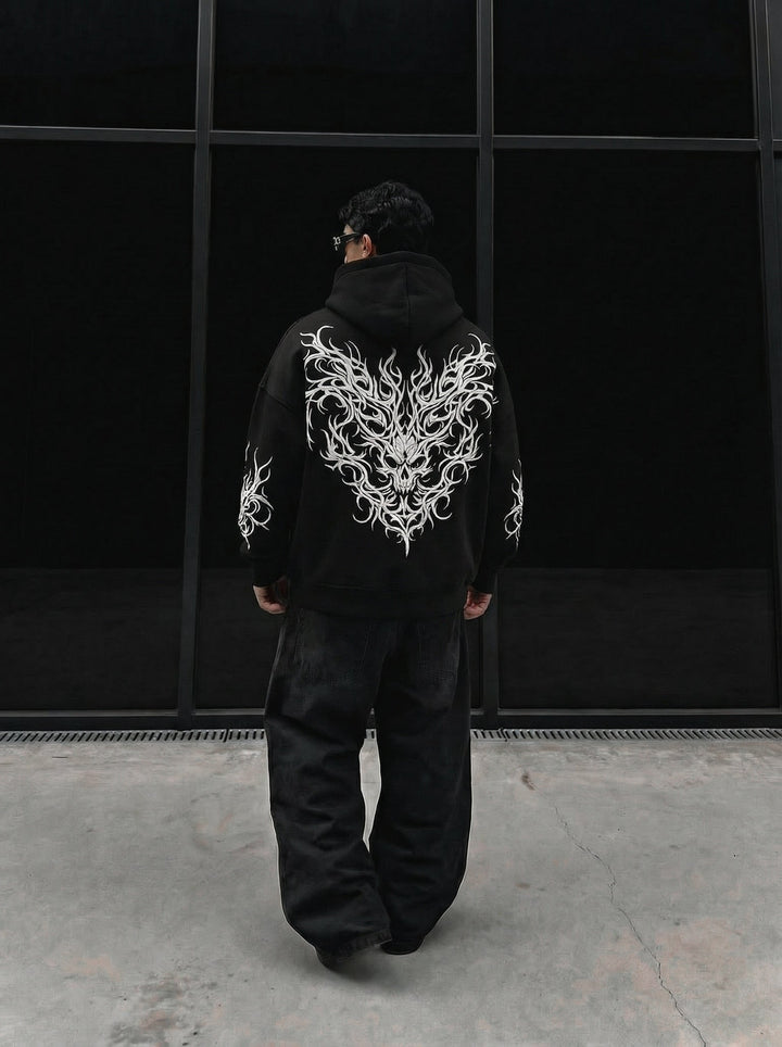 Överdimensionerad Tribal Skull Hoodie - Svart