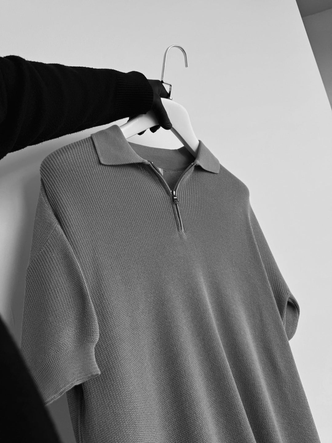 Oversize Dragkedja Stickad Polo T-shirt - Grå