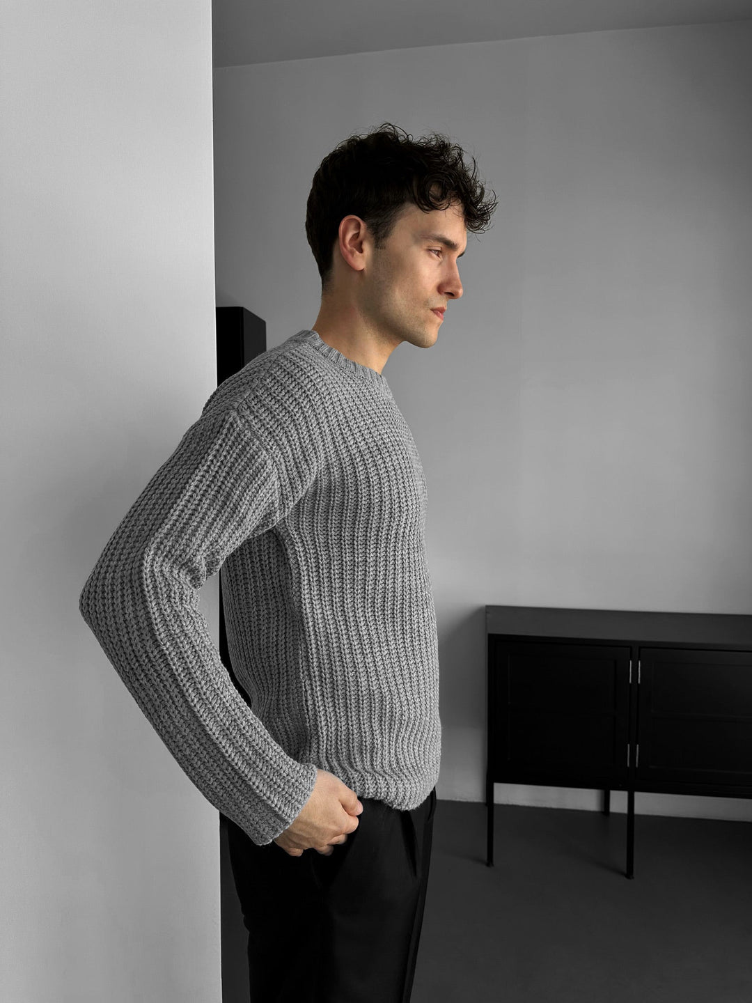 Slim Fit Fläta Stickad Tröja - Grå
