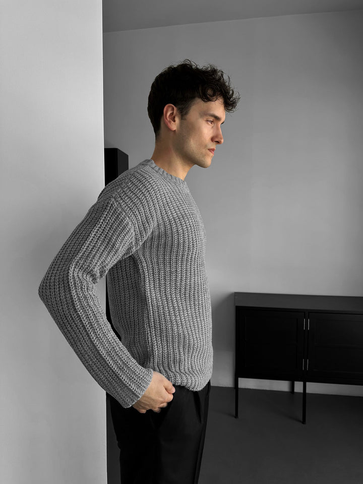 Slim Fit Fläta Stickad Tröja - Grå