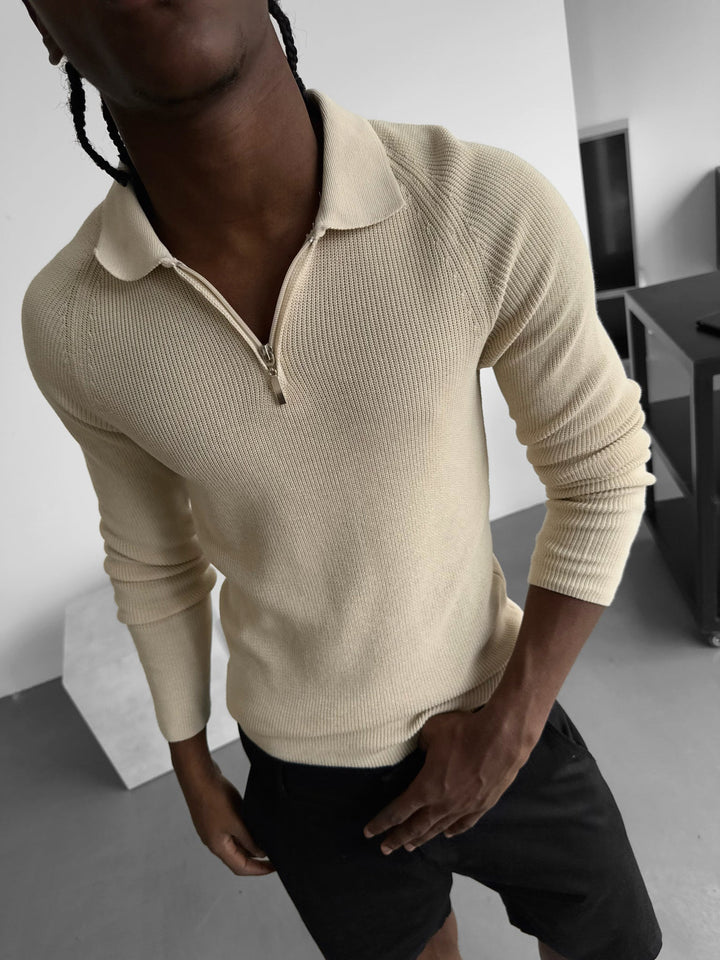 Slim Fit Stickad Dragkedja Polo Tröja - Beige