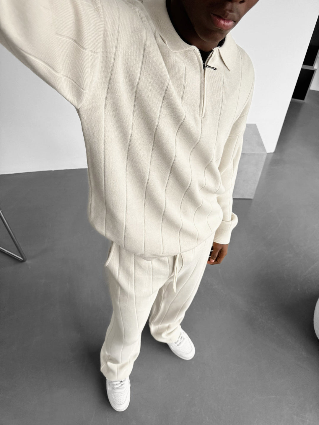 Oversize Linjer Stickad Dragkedja Polo Sweatshirt - Ecru