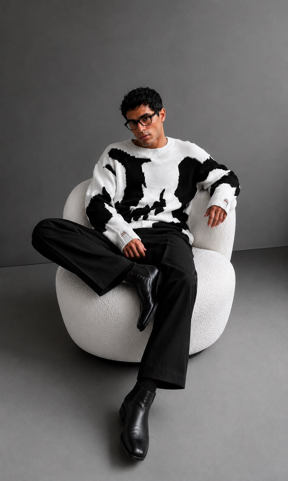 Oversize Ko Knitted Tröja - Vit