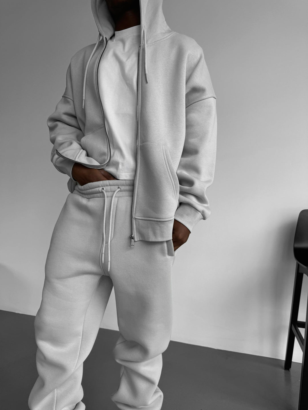 Oversize Basic Dragkedja Hoodie - Grå
