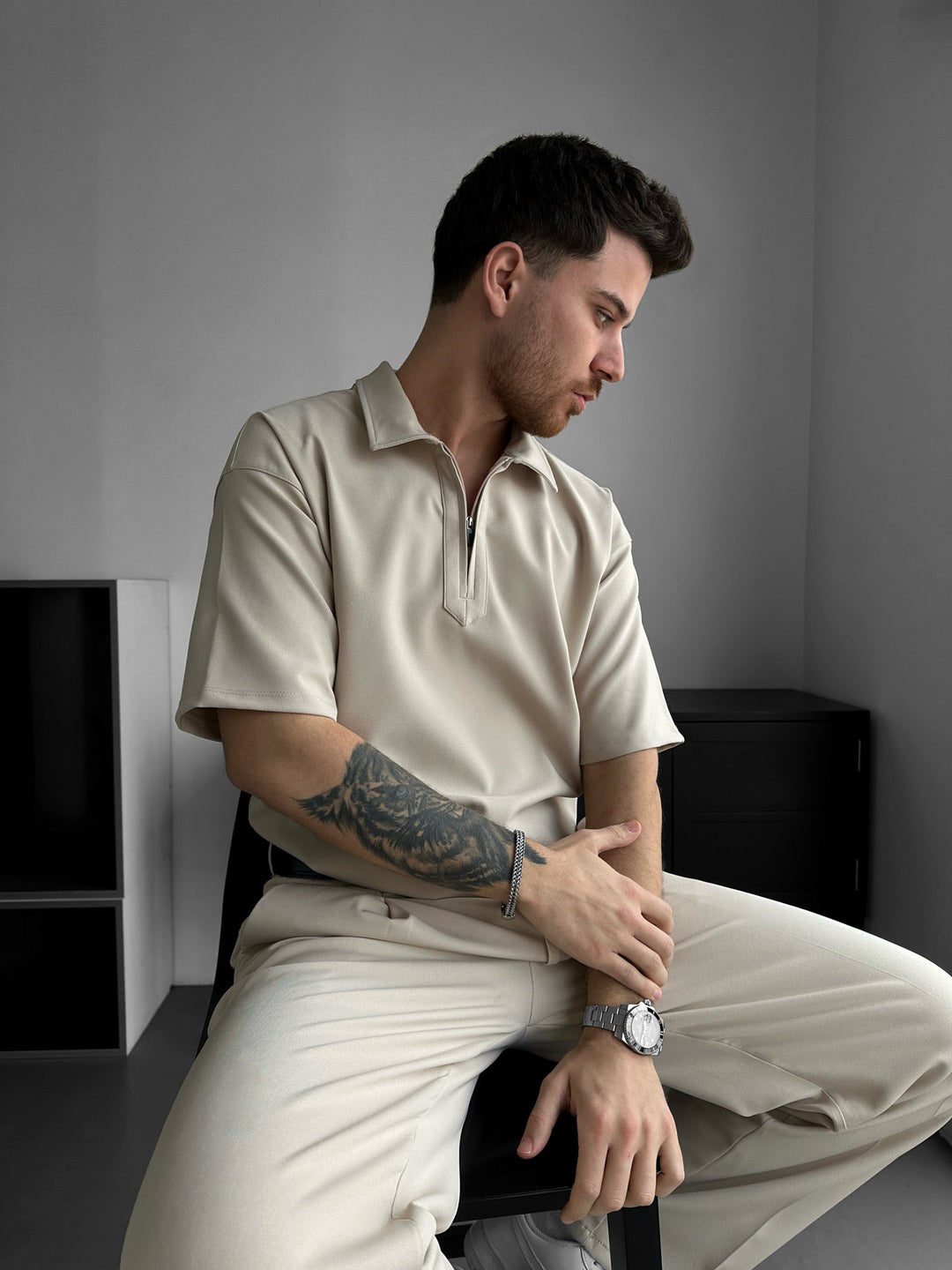 Lös Passform Halv-Zip Polo T-shirt - Beige