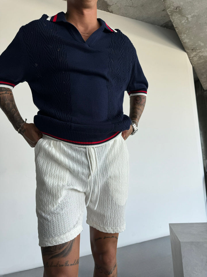 Slim Fit Detaljstickad Polo T-shirt - Indigo