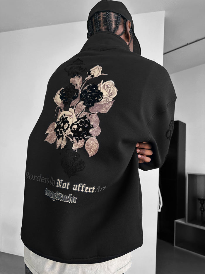 Oversize Halvdraget Grafisk Sweatshirt - Svart