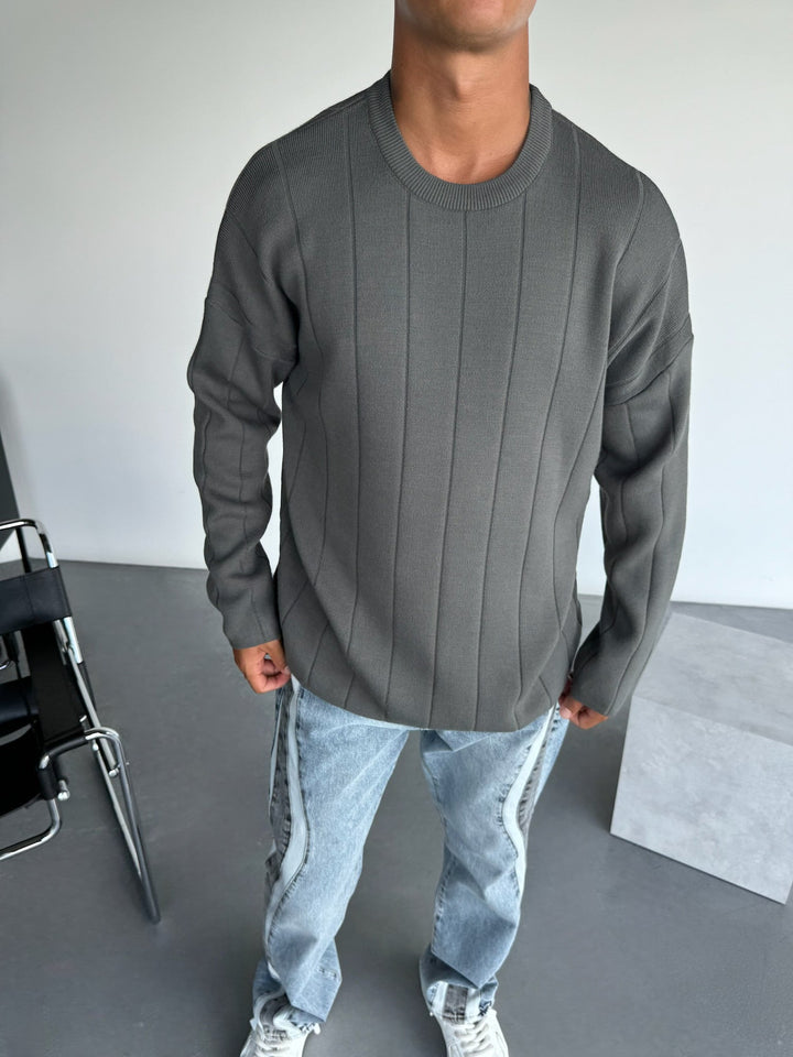 Oversize Lines Stickad Sweatshirt - Antracit