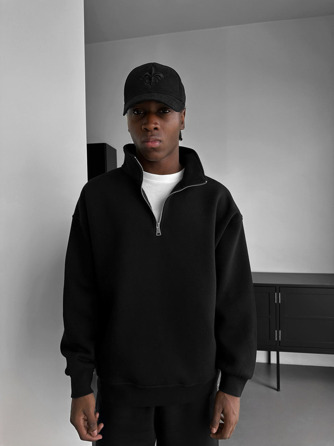 Oversize Halvdraget Polo Sweatshirt - Svart