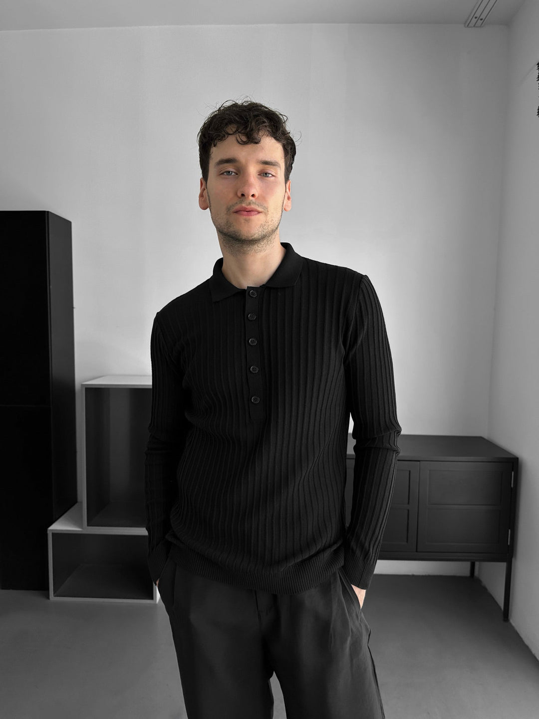 Slim Fit Polo Stickad Tröja - Svart