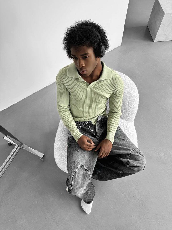 Slim Fit Stickad Polo Tröja - Mint