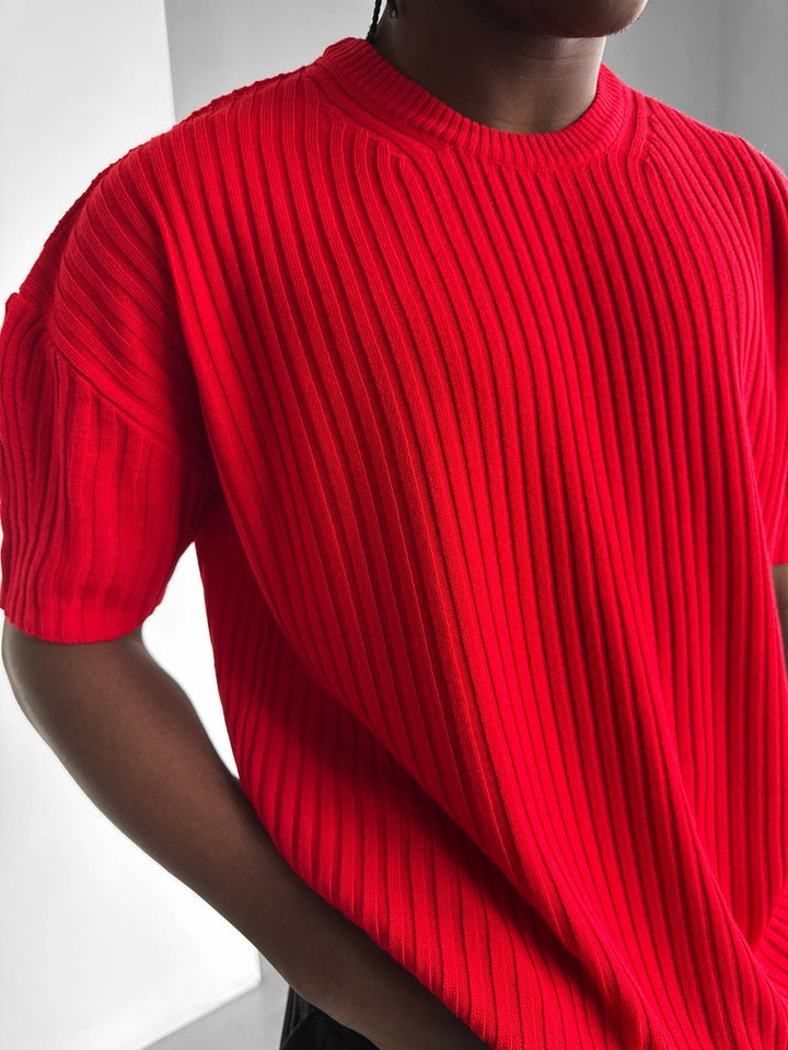 Lös Passform Ribbad T-Shirt - Röd