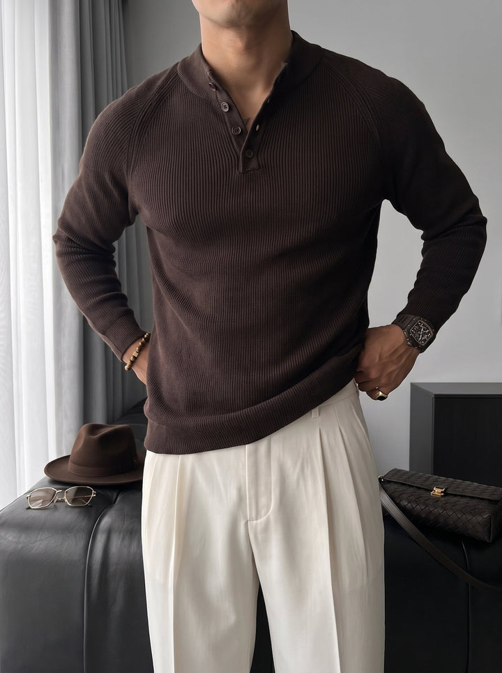 Slim Fit Stickad Tröja - Mörk Brun