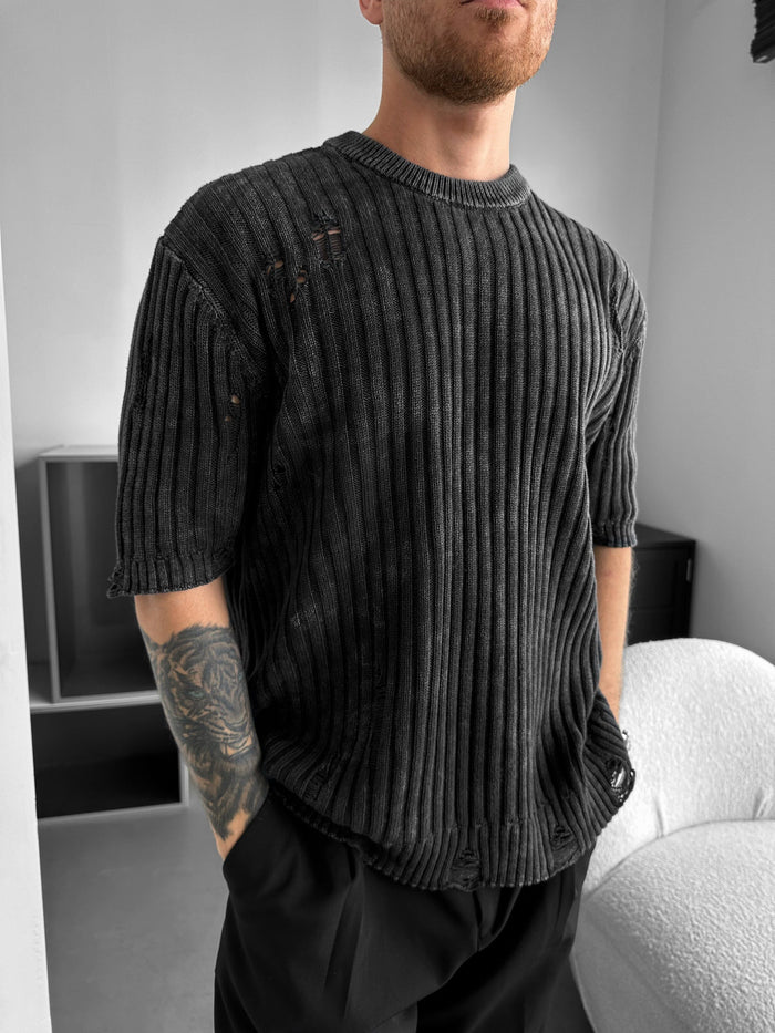 Oversize Torn Tvättad Stickad T-shirt - Svart