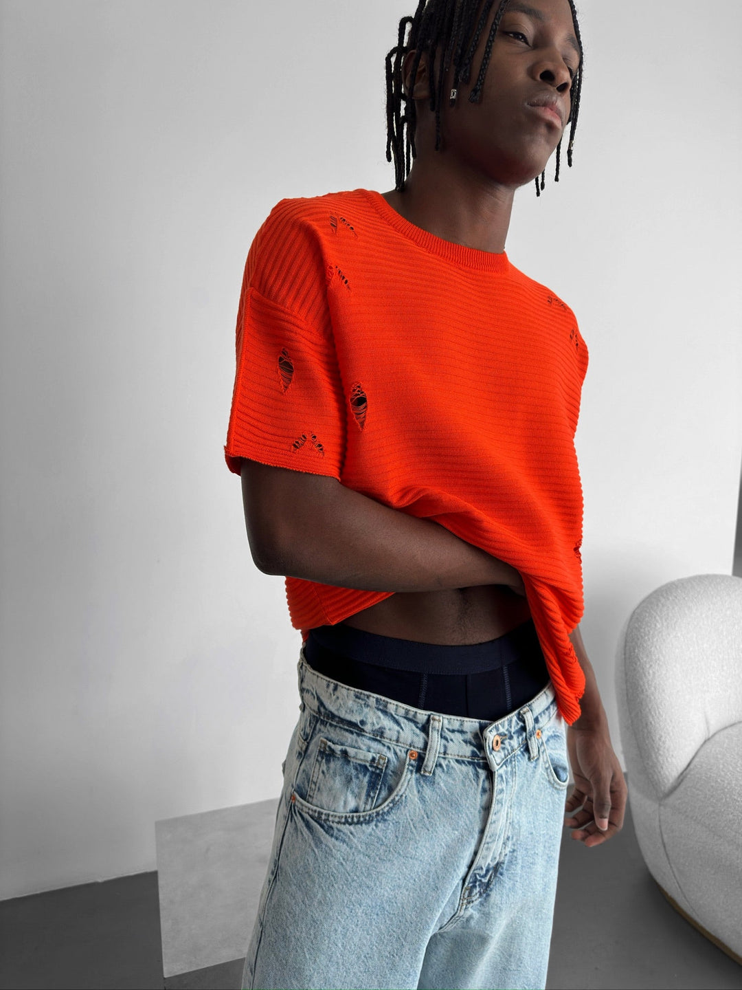 Lös Passform Torn Ribbad T-Shirt - Orange